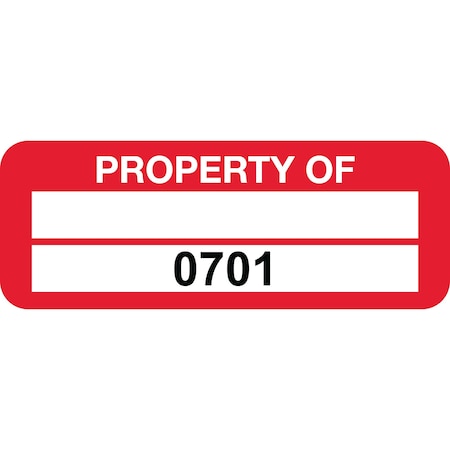 Lustre-Cal PROPERTY OF Label, Polyester Dark Red 2in x 0.75in 1 Blank Pad & Serialized 0701-0800, 100PK 253744Pe2Rd0701